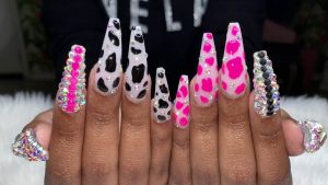 pink print nail art cow