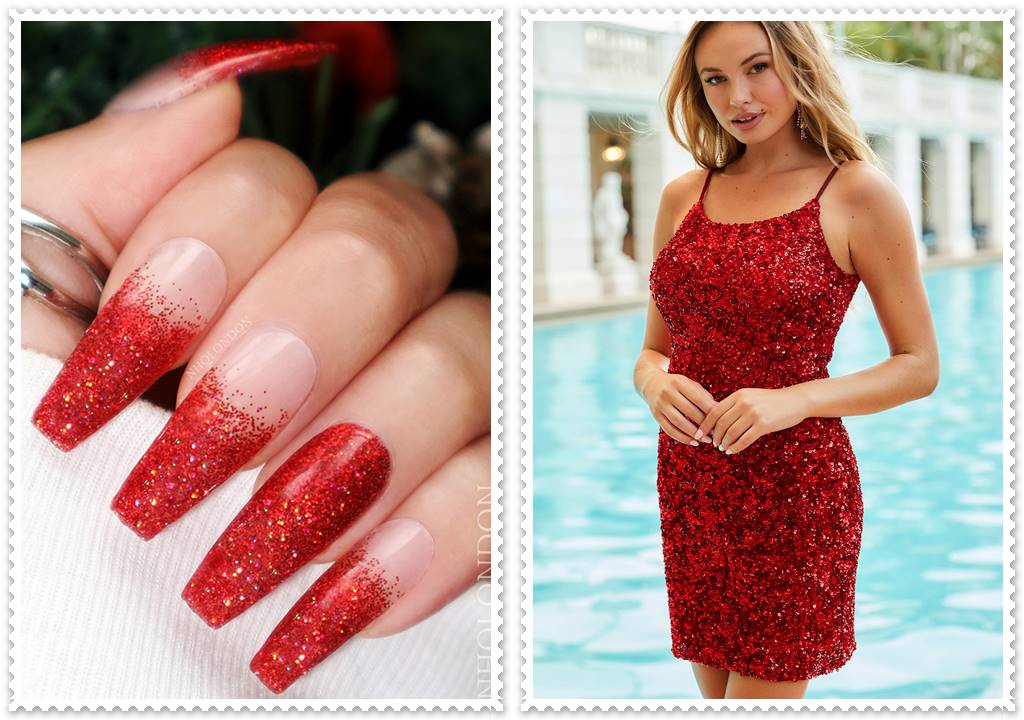 red coffin nail art with maching red dress
