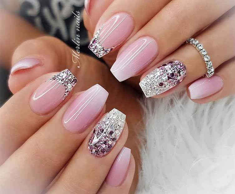 pink and silver glitter nail art designs