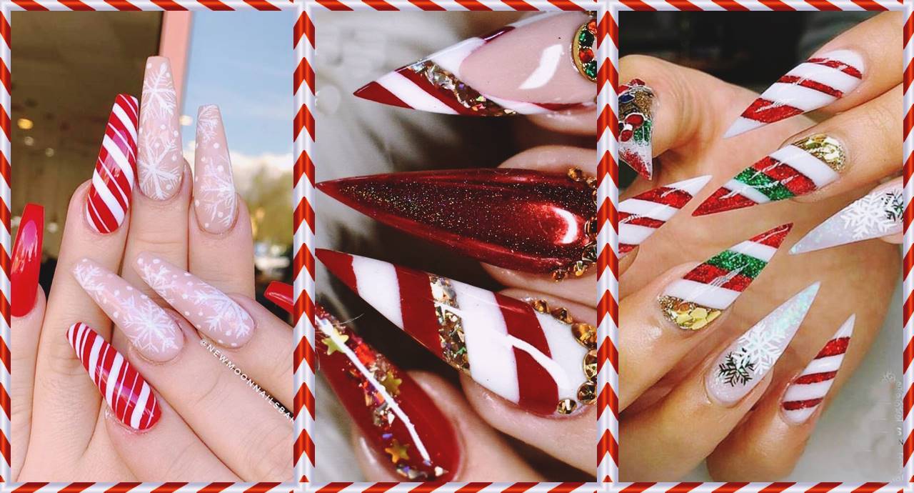 Coffin Candy Cane Nails Art Designs & Ideas Pictures