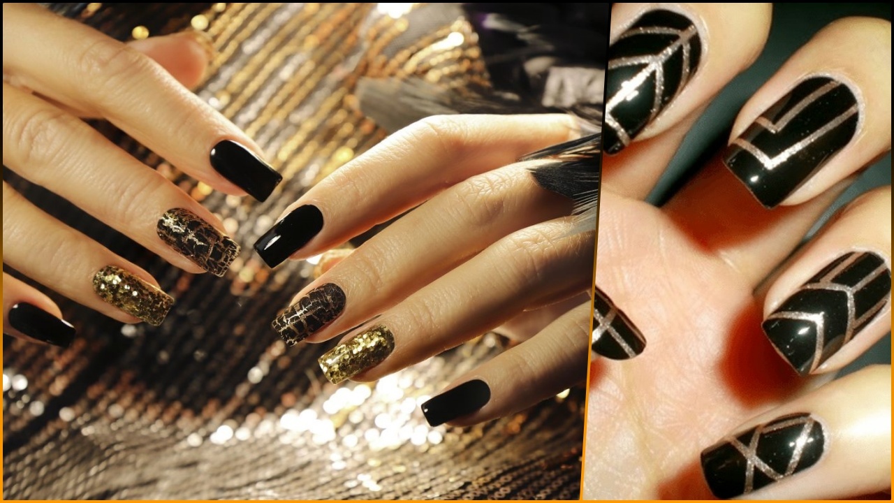 Trendy Black And Gold Nail Art Design Idea Images